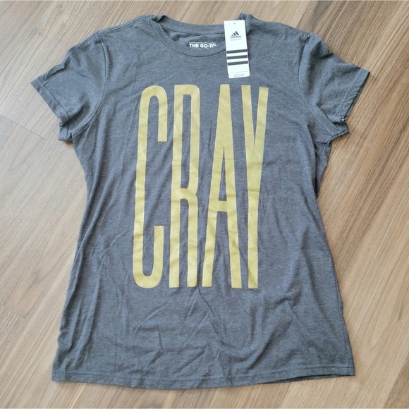 NWT ADIDAS WOMEN'S THE GO-TO HEATHER GRAY W/LARGE GOLD "CRAY" PRINT TEE Sz LARGE